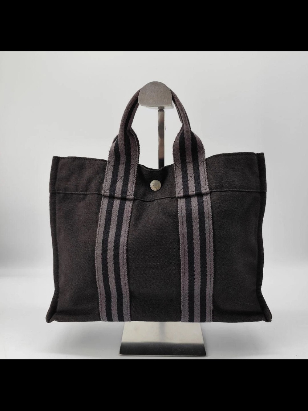 Hermes Black Canvas Duffel Tote with Striped Webbing Handles